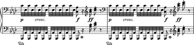 \relative c' {
\new PianoStaff <<
\new Staff \with { \remove "Time_signature_engraver" } { \key aes \major \time 4/4 \clef bass
\override Score.NonMusicalPaperColumn #'line-break-permission = ##f
c32 es, c' es, c' es, c' es, c' es, c' es, c' es, c' es,
<aes c,>8 r16 \clef treble <c'aes>-. <es c>8-. r \clef bass
c,32 es, c' es, c' es, c' es, c' es, c' es, c' es, c' es,
<aes c,>8 r16 \clef treble <c'' aes>-. <es c>8-. r
}
\new Dynamics {
s8\p s16\cresc s\! s4 s8\f s16 s\ff s4 s8\p s16\cresc s\! s4 s8\f s16 s\ff
}
\new Staff \with { \remove "Time_signature_engraver" } { \key aes \major \time 4/4 \clef bass
aes,,,,,32\sustainOn aes' aes, aes' aes, aes' aes, aes' aes, aes' aes, aes' aes, aes' aes, aes'
aes,8 r16\sustainOff <c'' aes>-. <es c>8-. r
aes,,,32\sustainOn aes' aes, aes' aes, aes' aes, aes' aes, aes' aes, aes' aes, aes' aes, aes'
aes,8 r16\sustainOff \clef treble <c''' aes>-. <es c>8-. r
}
>>
}