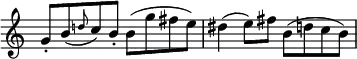 \relative c' \new Staff \with { \remove "Time_signature_engraver" } { \key a \minor \time 4/4
g'8-. b( \grace { d! } c) b-. b( g' fis e) dis4( e8) fis b,( d c b) }
