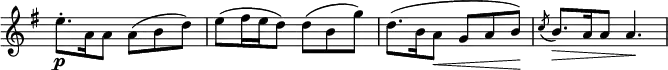 \relative c' \new Staff \with { \remove "Time_signature_engraver" } {
\key e \minor \time 6/8
e'8.-.\p a,16 a8 a( b d) e( fis16 e d8) d( b g')
d8.( b16 a8\< g a b\! ) \acciaccatura c b8.\> a16 a8 a4.\!
}