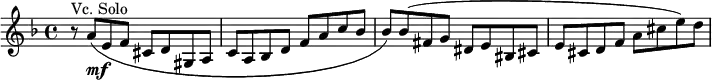 \relative g' { \key f \major \time 4/4 r8^\markup { Vc. Solo } a_\markup { \dynamic mf }( e f cis d gis, a | c a bes d f a c bes | bes) bes( fis g dis e bis cis | e cis d f a cis e) d( }