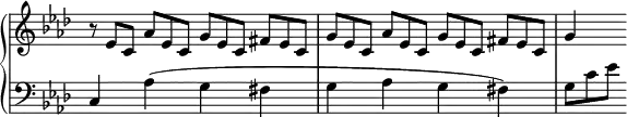 
 \relative c' {
  \new PianoStaff <<
   \new Staff \with { \remove "Time_signature_engraver" } { \key f \minor \time 2/2
    r8*2/3 es[ c] aes' es c g'[ es c] fis es c g'[ es c] aes' es c g'[ es c] fis es c g'4
   }
   \new Staff \with { \remove "Time_signature_engraver" } { \key f \minor \time 2/2 \clef bass
    c,,4 aes'( g fis g aes g fis) g8*2/3[ c es]
   }
  >>
 }
