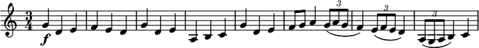 \relative c' {
\key c \major
\time 3/4
\tempo ""
\tempo 4 = 160
g'4\f d e
f e d
g d e
a, b c
g' d e
f8 g a4 \tuplet 3/2 { g8 ( a g }
f4 ) \tuplet 3/2 { e8 ( f e } d4 )
\tuplet 3/2 { a8 ( g a } b4 ) c
}
