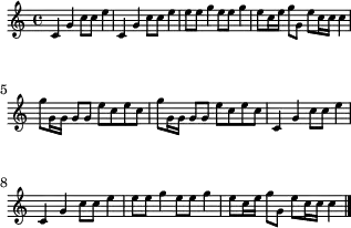 \header { tagline = ##f }
\score {
\new Staff \with{ \magnifyStaff #2/3 }{
\transposition g % ← G管のビューグルを想定
\once \omit Score.MetronomeMark
\tempo 4 = 54 % ← midiの演奏テンポ
\time 4/4
%\set Staff.midiInstrument = #"trumpet"
\override Score.SpacingSpanner #'common-shortest-duration = #(ly:make-moment 1 4)
\new Voice {
\relative c' {
c4 g'4 c8 c8 e4 c,4 g'4 c8 c8 e4 e8 e8 g4 e8 e8 g4 e8 c16 e16 g8 g,8 e'8 c16 c16 c4
g'8 g,16 g16 g8 g8 e'8 c8 e8 c8 g'8 g,16 g16 g8 g8 e'8 c8 e8 c8
c,4 g'4 c8 c8 e4 c,4 g'4 c8 c8 e4 e8 e8 g4 e8 e8 g4 e8 c16 e16 g8 g,8 e'8 c16 c16
\once \omit Score.MetronomeMark \tempo 4 = 27 c4 \bar "|."
}
}
}
\layout {indent = 0\mm line-width = 78\mm}
\midi {}
}