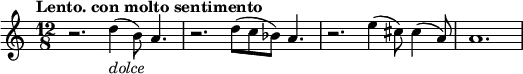 \relative c'
{ \key a \minor \time 12/8 \tempo "Lento. con molto sentimento"
r2. d'4_\markup { \italic dolce}( b8) a4. |
r2. d8( c bes) a4. |
r2. e'4( cis8) cis4( a8) |
a1.
}