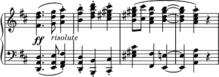 \relative c'' {
\new PianoStaff <<
\new Staff \with { \remove "Time_signature_engraver" } { \key d \major \time 3/4 \set Score.tempoHideNote = ##t \tempo "" 2.=88
<fis d fis,>4.( <g d g,>8 <a d, a>4-.) <b fis b,>-. <d b fis d>-. <cis gis eis cis>-.
<b gis eis b>8( <cis cis,> <b fis cis a>4 <b~ gis~ d~ b~>( <b gis d b> <a e cis a>-.) r
}
\new Dynamics {
\override TextScript #'whiteout = ##t
s4.\ff s^\markup \italic { risolute }
}
\new Staff \with { \remove "Time_signature_engraver" } { \key d \major \time 3/4 \clef bass
<d,,, a d,>4.( <e a, e>8 <fis a, fis>4-.) <d a d,>-. <b b,>-. <cis cis,>-.
<cis' gis eis> <fis, fis,> <e~ e,~>( <e e,> <a e a,> r
}
>>
}