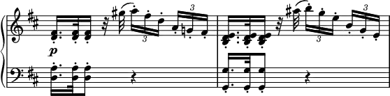 
 \relative c' {
  \new PianoStaff <<
   \new Staff \with { \remove "Time_signature_engraver" } { \key d \major \time 2/4
    <fis d>16.-. <fis d>32-. <fis d>16-. r32 gis'32( \times 2/3 { a16-.)[ fis-. d-.] } \times 2/3 { a-. g!-. fis-. }
    <e d b>16.-. <e d b>32-. <e d b>16-. r32 ais'32( \times 2/3 { b16-.)[ g-. e-.] } \times 2/3 { b-. g-. e-. }
   }
   \new Dynamics {
    s2\p
   }
   \new Staff \with { \remove "Time_signature_engraver" } { \key d \major \time 2/4 \clef bass
    <a, d,>16.-. <a d,>32-. <a d,>8-. r4 <g g,>16.-. <g g,>32-. <g g,>8-. r4
   }
  >>
 }

