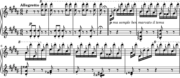  \new GrandStaff<<
\new Staff {\relative gis'' {\key gis \minor \time 6/8 \tempo "Allegretto"
 {r4 r8 r8 \ottava #1 \set Staff.ottavation = #"8" <dis' dis'>8-. q-. q-. r8 r r <dis dis'>8-. q-. q-. r <dis dis'>8-.[ q-.] r <dis dis'>8-. q-. r8\fermata \bar "||" 
<<
{\autoBeamOff dis,8^._\markup {\smaller {\dynamic p} \italic { ma semple ben marcato il tema}} dis'^. dis^. cis^. b^. b^. ais^. gis^. fisis^. gis^. ais^. dis,^. \ottava #0 dis^. e^. dis^. cis^. b^. b^. ais^. gis^. fisis^. gis^. ais^. dis,^. s8 \ottava #1 \set Staff.ottavation = #"8"  dis''^. dis^. cis^.}
\\
{dis,16 dis'^. dis dis'^. dis, dis'^. cis, dis'^. b, dis'^. b, dis'^. ais, dis'^. gis,, dis''^. fisis,, dis''^. gis,, dis''^. ais, dis'^. dis,, dis''^. \ottava #0 dis,, dis'^. e, dis'^. dis, dis'^. cis, dis'^. b, dis'^. b, dis'^. ais, dis'^. gis,, dis''^. fisis,, dis''^. gis,, dis''^. ais, dis'^. dis,,[ dis'^. dis^. dis'^.] \ottava #1 \set Staff.ottavation = #"8" dis dis'^. dis, dis'^. cis, dis'^.}
>>
}}}
\new Staff {\relative gis' {\key gis \minor \time 6/8 
{r8 <dis dis'>8-.^\markup{\dynamic p} q-. q-. r r r <dis dis'>-. q-. q-. r r r <dis dis'>-. r r <dis dis'>-. r r4\fermata r8 r4 r8 <gis, dis' b'>8-.\arpeggio r8 r <b gis' dis'>-.\arpeggio r r <dis ais' fisis'>-.\arpeggio r r <fisis ais>-.\arpeggio r r gis-. r r <b, cisis eis>-.\arpeggio r r <dis fisis>-.\arpeggio r r r4 r8 }}}


>> 