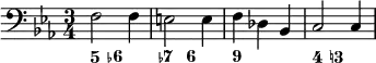 <<\relative c { \clef bass \time 3/4 \key c \minor \set Score.tempoHideNote = ##t \tempo "" 4 = 80 f2 f4 e2 e4 f des bes c2 c4}
\figures{<5>4 <6->2 <7->4 <6>2 <9>4 s2 <4>4 <3!>2}>>