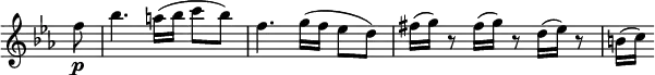
 \relative c' \new Staff \with { \remove "Time_signature_engraver" } { \key es \major \time 3/4 \partial 8
  f'8\p bes4. a16( bes c8 bes) f4. g16( f es8 d) fis16( g) r8 fis16( g) r8 d16( es) r8 b16[( c)]
 }
