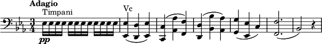 \version "2.18.2"
\relative c {
\key ees \major
\time 3/4
\tempo "Adagio"
\clef "bass"
\tempo 4 = 60
ees16 \pp ^\markup {Timpani} ees ees ees \repeat unfold 2 {ees16 ees ees ees}
<ees, ees'>4 ^\markup {Vc} (<d d'> <ees ees'>)
<c c'> (<aes' aes'> <f f'>)
<d d'> (<bes' bes'> <aes aes'>)
<g g'> (<ees ees'> c')
<f, f'>2. (bes2) r4
}