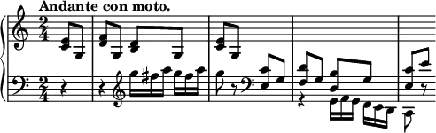 
\relative c' {
  \new PianoStaff <<
   \new Staff = "R" {
    \key c \major \time 2/4 \set Score.tempoHideNote = ##t \tempo "Andante con moto." 4=62 \partial 4
    <e c>8 g, <f' d> g, <d' b> g, <e' c> g, \change Staff = "L" \stemUp <c e,> g
    <d' f,> g, <b d,> g <c e,> e
   }
   \new Staff = "L" { \key c \major \time 2/4 \clef bass
    r4 r \clef treble g'16*2/3[ fis a] g fis a g8 r \clef bass s4
    r \stemDown g,,,16*2/3[ a g] f e d c8 r
   }
  >>
 }
