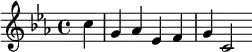  \relative c'' {\time 4/4 \key c \minor \set Score.tempoHideNote = ##t \tempo "" 4 = 80 \partial 4 c4 g as es f g c,2 } 