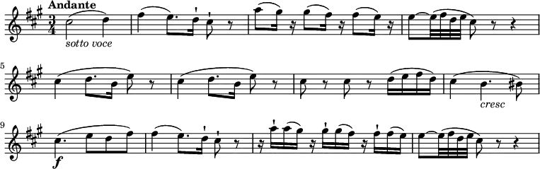 \relative c'' {
\version "2.18.2"
\key a \major
\tempo "Andante"
\time 3/4
\tempo 4 = 70
cis2_\markup{\italic {sotto voce}} (d4)
fis (e8.) d16-! cis8-! r8
a'8 (gis16) r16 gis8 (fis16) r16 fis8 (e16) r16
e8 ~ e32 (fis d e cis8) r8 r4
cis4 (d8. b16 e8) r8
cis4 (d8. b16 e8) r8
cis r cis r d16 (e fis d)
cis4 (b4._\markup{\italic {cresc}} bis8)
cis4.\f (e8 d fis)
fis4 (e8.) d16-! cis8-! r
r16 a'-! a (gis) r gis-! gis (fis) r fis-! fis (e)
e8 ~ e32 (fis d e cis8) r8 r4
}