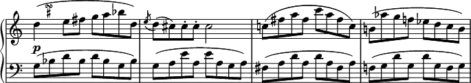 
 \relative c' {
  \new PianoStaff <<
   \new Staff \with { \remove "Time_signature_engraver" } { \key c \major \time 4/4
    \override TextScript #'avoid-slur = #'inside
    \override TextScript #'outside-staff-priority = ##f
    d'4^\markup    
    \override #'(baseline-skip . 1) {
     \halign #-4
     \teeny \center-column {
      \musicglyph #"scripts.turn"
      \sharp
     }
    } ( e8 fis g a bes d,) \acciaccatura e8 d( cis) cis-. cis-. cis2
    c!8( fis a fis c' a fis c) b!( aes' g f! es d c b)
   }
   \new Dynamics {
    s4\p
   }
   \new Staff \with { \remove "Time_signature_engraver" } { \key c \major \time 4/4 \clef bass
    g,8( bes d bes d bes g bes) g( a e' a, e' a, g a)
    fis( a d a d a fis a) f!( g d' g, d' g, f g)
   }
  >>
 }
