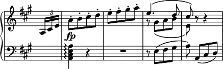 
 \relative c' {
  \new PianoStaff <<
   \new Staff \with { \remove "Time_signature_engraver" } { \key a \major \time 2/4 \partial 8
    <<
     {
      \times 2/3 { a16 cis e } \stemDown a8-.[ b-. cis-. d-.] e-.[ fis-. gis-. a-.]
      \stemUp e4.( d8 cis) b8\rest b4\rest
     }
    \\
     { s8 s2 s g8\rest gis([ a b] e,) }
    >>
   }
   \new Dynamics {
    s8 s2\fp
   }
   \new Staff \with { \remove "Time_signature_engraver" } { \key a \major \time 2/4 \clef bass
    s8 <a, e cis a>4\arpeggio r4 R2 r8 e([ fis gis] a) a,[( cis d)]
   }
  >>
 }
