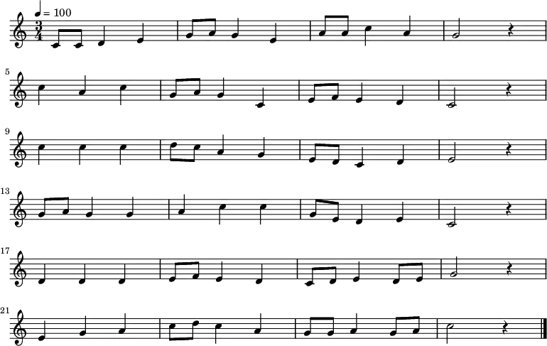 \relative {
\set Staff.midiInstrument = #"piano"
\key c \major
\time 3/4
\tempo 4 = 100
\new Voice \relative c' {
c8 c8 d4 e4 g8 a8 g4 e4 a8 a8 c4 a4 g2 r4 \bar "|" \break
c4 a4 c4 g8 a8 g4 c,4 e8 f8 e4 d4 c2 r4 \bar "|" \break
c'4 c4 c4 d8 c8 a4 g4 e8 d8 c4 d4 e2 r4 \bar "|" \break
g8 a8 g4 g4 a4 c4 c4 g8 e8 d4 e4 c2 r4 \bar "|" \break
d4 d4 d4 e8 f8 e4 d4 c8 d8 e4 d8 e8 g2 r4 \bar "|" \break
e4 g4 a4 c8 d8 c4 a4 g8 g8 a4 g8 a8 c2 r4 \bar "|."
}
}
