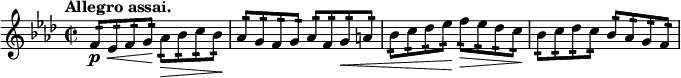 \relative c' { \key f \minor \time 2/2 \tempo "Allegro assai."
f8:16\p \< es: f: g:\! aes:\> bes: c: bes:\! aes: g: f: g: aes: f: g:\< a:
bes: c: des: es:\! f:\> es: des: c:\! bes: c: des: c: bes: aes: g: f: }