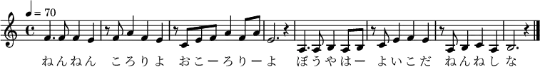 {
\key c \major \time 4/4 \tempo 4 = 70 \set Staff.midiInstrument = #"violin" \relative g' {
f4. f8 f4 e4| r8 f8 a4 f4 e4|
r8 c8 e8 f8 a4 f8 a8| e2. r4|
a,4. a8 b4 a8 b8| r8 c8 e4 f4 e4|
r8 a,8 b4 c4 a4| b2. r4 \bar "|."
}
\addlyrics {
ね ん ね ん こ ろ り よ
お こ ー ろ り ー よ
ぼ う や は ー よ い こ だ
ね ん ね し な
}
}
