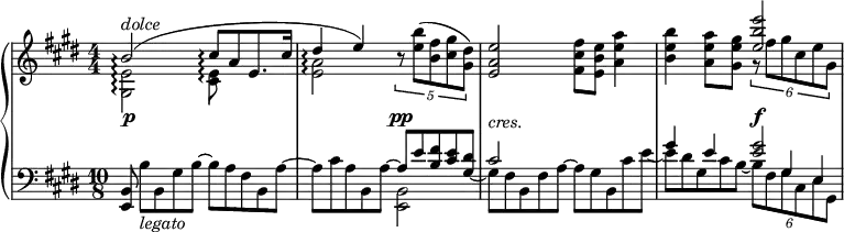 
 \relative c'' {
  \new PianoStaff <<
   \new Staff { \key e \major \numericTimeSignature \time 4/4
    \set Score.tempoHideNote = ##t \tempo "" 4.=72
    \set PianoStaff.connectArpeggios = ##t
    << 
     { b2\arpeggio ^\markup \italic dolce ( cis8\arpeggio [ a e8. cis'16] dis4\arpeggio e) }
     \\ { <e, gis,>2\arpeggio <e cis>8\arpeggio s4. <a e>2\arpeggio }
    >>
    \times 4/5 { r8 <b' e,>( <fis b,> <gis cis,> <dis gis,>) }
    <e a, e>2( <fis cis fis,>8 <e b e,> <a e a,>4 <b e, b> <a e a,>8 <gis e gis,>
    << { <e' b e,>2 } \\ { \times 4/6 { g,,8\rest fis'[ gis cis, e gis,] } } >>
   }
   \new Dynamics {
    s1\p s2 s\pp s-\markup \italic cres. s s s\f
   }
   \new Staff {
    \key e \major \time 4/4 \set Staff.timeSignatureFraction = 10/8 \clef bass
    <<
     {
      <b,, e,>8*4/5 \stemDown b'_\markup \italic legato [ b, gis' b] ~ b a fis b, a'~
      a cis a b, a'~ \stemUp a e' <fis b,> <e cis> <dis gis,_~>
      \stemDown gis, fis b, fis' a~ a gis b, cis' e_~
      e dis gis, cis b_~  \tupletDown \times 4/6 { b8[ fis gis cis, e gis,] }
     }
     \\
     { s1 s2 <b e,>2 \stemUp cis' s gis'4 e <gis e>2*1/3 gis,4*2/3 e }
    >>
   }
  >>
 }
