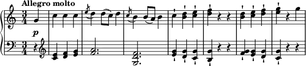 \relative g' {
\new PianoStaff <<
\new Staff { \key c \major \time 3/4 \partial 4 \set Score.tempoHideNote = ##t \tempo "Allegro molto" 2.=88
g c c c \slashedGrace e8 (d4) d8 (c) d4 \slashedGrace c8 (b4) b8 (a) b4 c-! <d b>-! <e c>-! <f d>-! r r <d b>-! <e c>-! <f d>-! <g e>-! r g
}
\new Dynamics {
s1\p}
\new Staff { \key c \major \time 3/4 \clef bass \partial 4
r4 \clef treble <e, c>4 <f d> <g e> <a f>2. <f d g,> <g e>4-! <g d>-! <g c,>-! <g b,>-! r r <g f>-! <g e>-! <g d>-! <g c,>-! r r
}
>>
}