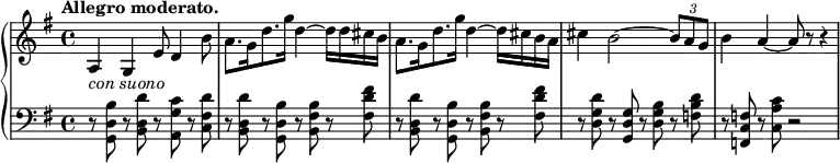 
\relative c' {
  \new PianoStaff <<
   \new Staff { \key g \major \time 4/4 \set Score.tempoHideNote = ##t \tempo "Allegro moderato." 2=86
   \override Score.NonMusicalPaperColumn #'line-break-permission = ##f
    a4 g e'8 d4 b'8 a8.[ g16 d'8. g16] d4~ d16 d cis b
    a8.[ g16 d'8. g16] d4~d16 cis b a cis4 b2~ \times2/3 { b8 a g } b4 a4~ a8 r r4
   }
   \new Dynamics {
    s8-\markup { \italic { con suono } }
   }
   \new Staff { \key g \major \time 4/4 \clef bass
    r8 <b, d, g,> r <d d, b> r <c g a,> r <d fis, c>
    r <d d, b> r <b d, g,> r <b fis b,> r <fis' d fis,>
    r <d d, b> r <b d, g,> r <b fis b,> r <fis' d fis,>
    r <d g, d> r <g, d g,> r <b g d>    r <d b f>
    r <f, c f,> r <c' a c,> r2
   }
  >>
 }
