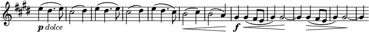 \relative c'' \new Staff \with { \remove "Time_signature_engraver" } {
\set Score.tempoHideNote = ##t \tempo "" 4=138 \key cis \minor \time 3/4
e4_\markup { \dynamic p \italic dolce } ( dis4. e8) cis2( dis4)
e( dis4. e8) cis2( dis4) e4( dis4. cis8) b2\< ( cis4)
b2( a4\! ) gis\f gis\< ( fis8 e gis4) gis2\! ~
gis4 gis\> ( fis8 e gis4) gis2\! ~ gis4
}