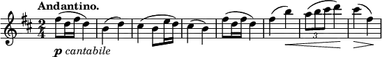 \relative c'' {
\set Score.tempoHideNote = ##t \tempo "Andantino." 4=76 \key b \minor \time 2/4
fis8_\markup { \dynamic p \italic cantabile } ( d16 fis d4) b( d) cis( b8 e16 d) cis4( b)
fis'8( d16 fis d4) fis( b\< ) \times 2/3 { a8( b cis } d4\! ) cis\>( fis,\! )
}
