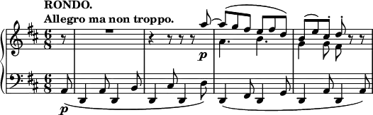 \relative c' {
\new PianoStaff <<
\new Staff { \key d \major \time 6/8 \partial 8
\tempo \markup {
\column {
\line { RONDO. }
\line { Allegro ma non troppo. }
}
}
<<
{
\override MultiMeasureRest #'staff-position = #2
b'8\rest R2*3/2 b4\rest b8\rest b\rest b\rest a'8~ \p a( g fis e fis d) b( e) cis-. d-. b\rest b\rest
}
\\
{ s8 s2. s2. a4. b g4 g8 fis8 }
>>
}
\new Staff { \key d \major \time 6/8 \clef bass \partial 8
a,,8\p _\( d,4 a'8 d,4 b'8 d,4 cis'8 d,4 d'8\) d,4( fis8 d4 g8 d4 a'8 d,4 a'8)
}
>>
}