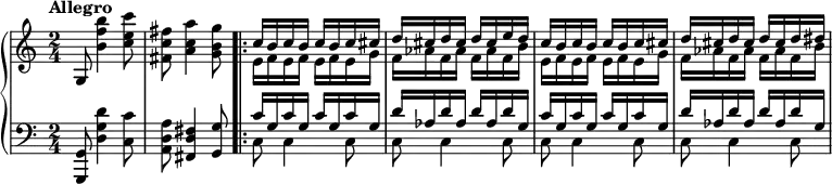 \new PianoStaff <<
\new Staff \relative c' {\time 2/4 \tempo "Allegro" g8 <b' f' b>4 <c e c'>8 <fis, c' fis>8 <a c a'>4 <g b g'>8 \bar ".|:" <<\relative c''{c16 b c b c b c cis d cis d cis d cis e d c16 b c b c b c cis d cis d cis d cis d dis} \\ \relative c'{e f e f e f e g f as f as f as f b e, f e f e f e g f as f as f as f b}>>}
\new Staff \relative c {\clef bass <g g,>8 <d' g d'>4 <c c'>8 <a d a'> <fis d'fis>4 <g g'>8 <<\relative c' {c16 g c g c g c g d' as d as d as d g, c g c g c g c g d' as d as d as d g,} \\ \relative c {c8 c4 c8 c c4 c8 c c4 c8 c c4 c8}>> }>>