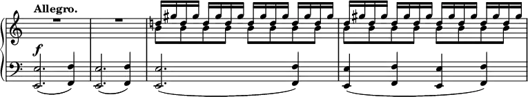 
 \relative c' {
  \new PianoStaff <<
   \new Staff \with { \remove "Time_signature_engraver" } { \key a \minor \time 4/4 \set Score.tempoHideNote = ##t \tempo "Allegro." 4=120
   \override Score.NonMusicalPaperColumn #'line-break-permission = ##f
    <<
     {
      \override MultiMeasureRest.staff-position = #2 R1 R
      d'!16 gis d gis d gis d gis d gis d gis d gis d gis
      d gis d gis d gis d gis d gis d gis d gis d gis
     }
    \\
     { s1 s b,8 b b b b b b b b b b b b b b b }
    >>
   }
   \new Dynamics {
    s4\f
   }
   \new Staff \with { \remove "Time_signature_engraver" } { \key a \minor \time 4/4 \clef bass
    <e,, e,>2.( <f f,>4) <e e,>2.( <f f,>4) <e e,>2.( <f f,>4) <e e,>( <f f,> <e e,> <f f,>)
   }
  >>
 }
