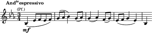 \new Staff \relative c'{\key es \major \time 3/4 \set Score.tempoHideNote = ##t \tempo "" 4=112 bes4\mf^\markup{\column {\line {\center-align \bold \concat{And \super te espressivo}} \line {\smaller \right-align (Pf.)}}}(es8 f es f) g( as bes4) g8( as) g4( as) f8( g) es( f g4 es) bes} 