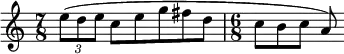 
\relative c'' { \key a \minor \time 7/8 
    \tuplet 3/2 {e8( d e } c8[ e g fis d] | \time 6/8 c8[ b c] a) }
