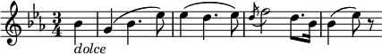 \relative c' { \key es \major \time 3/4 \partial 4
bes'4_\markup { \italic dolce } g( bes4. es8) es4( d4. es8) \acciaccatura d f2 d8. bes16 bes4( es8) r
}