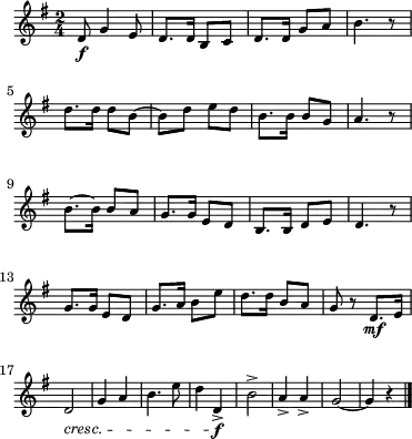 \header { tagline = ##f }
\score {
\new Staff \with{ \magnifyStaff #4/5 }{
\key g \major
\once \omit Score.MetronomeMark \tempo 4 = 112 \time 2/4
\override Score.SpacingSpanner #'common-shortest-duration = #(ly:make-moment 1 16)
\new Voice {
\relative c' {d8\f g4 e8 d8. d16 b8 c d8. d16 g8 a b4. r8
d8. d16 d8 b ~b d e d b8. b16 b8 g a4. r8
b8.~b16 b8 a g8. g16 e8 d b8. b16 d8 e d4. r8
g8. g16 e8 d g8. a16 b8 e d8. d16 b8 a g8 r d8.\mf e16 \break
d2\cresc g4 a4 b4. e8 d4 d,->\f b'2-> a4-> a-> g2~g4 r4 \bar "|."}
}
}
\layout {indent = 0\mm line-width = 90\mm}
\midi {}
}