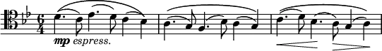 \relative c' {
\time 6/4
\key bes \major
\clef "tenor"
d4.\((_\markup{\dynamic "mp" \italic "espress."} c8) es4.( d8) c4( bes)\) | a4.\(( g8) f4.( bes8) a4( g)\) |
c4.\((\< d8) bes4.(\! a8)\> g4( a)\)\! |
}