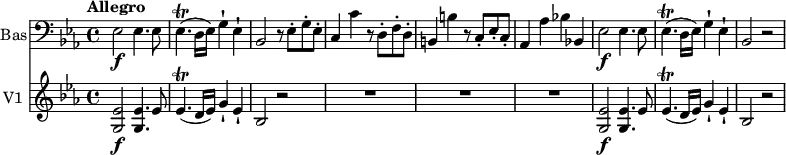 <<
\new Staff \with { instrumentName = #"Bas"} \relative c {
\clef "bass"
\tempo "Allegro"
\key ees \major
\time 4/4
\tempo 4 = 130
ees2 \f ees4. ees8 ees4. \trill (d16 ees) g4-! ees-!
bes2 r8 ees8-. g-. ees-.
c4 c' r8 d,8-. f-. d-.
b4 b' r8 c,-. ees-. c-.
aes4 aes' bes! bes,!
ees2 \f ees4. ees8 ees4. \trill (d16 ees) g4-! ees-!
bes2 r2
}
\new Staff \with { instrumentName = #"V1 "} \relative c' {
\clef "treble"
\key ees \major
\time 4/4
<g ees'>2 \f <g ees'>4. ees'8
ees4. \trill (d16 ees) g4-! ees-! bes2 r
R1*3
<g ees'>2 \f <g ees'>4. ees'8
ees4. \trill (d16 ees) g4-! ees-! bes2 r
}
>>