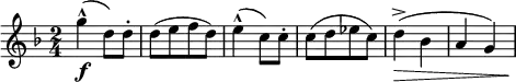 
\relative c'' {  \new Staff { \key f \major \time 2/4 \numericTimeSignature
    g'4-^-\f( d8) d8-. | d([ e f d) ] | e4-^( c8) c8-. | c([ d ees c) ] | d4->\>( bes | a g) |\!  
    }}
