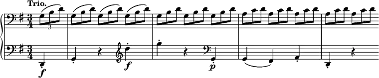 
 \relative c' {
  \new PianoStaff <<
   \new Staff { \key g \major \time 3/4 \partial 4 \tempo "Trio." \clef bass
    \times 2/3 { g8( b d) } g,8*2/3( b d) g,( b d) g,( b d)
    g, b d g, b d g, b | d a c d a c d a c d | a c d a c d
   }
   \new Staff { \key g \major \time 3/4 \clef bass \partial 4
    d,,4-.\f g-. r \clef treble d'''-.\f g-. r \clef bass g,,,-.\p g( fis) a-. d,-. r
   }
  >>
 }

