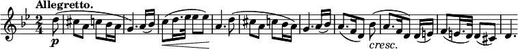 
\relative c'' {
 \set Score.tempoHideNote = ##t \tempo "Allegretto." 4=96 \key g \minor \numericTimeSignature \time 2/4 \partial 8
 \override Score.NonMusicalPaperColumn #'line-break-permission = ##f
 d8\p ( cis a c bes16 a g4.) a16( bes) c8\< ( d16. es32 es8 es\! ) a,4. d8(
 cis a c bes16 a) g4. a16( bes) a8.( [ f16 d8] ) bes'8\cresc (
 a8.\! [ f16 d8] ) d16( e) f8( e16. d32) d8( cis) d4.
}
