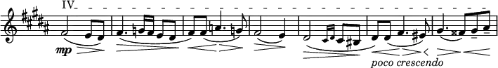 \relative c' {
\new Staff \with { \remove "Time_signature_engraver" } {
\set Score.tempoHideNote = ##t \tempo "" 4=126 \key b \major \time 3/4
\override TextSpanner.bound-details.left.text = \markup { \upright "IV" }
fis2\startTextSpan \mp \> ( e8 dis\! ) fis4.\> ( g16 fis e8 dis fis\< ) fis( a4.\> g8\! )
fis2\> ( e4\! ) dis2\>( \grace { cis16 dis } cis8 bis\!
dis\< _\markup { \italic { poco crescendo } } ) dis( fis4.\> eis8\< )
gis4.\> ( fisis8\< ) gis-- ais--\! \stopTextSpan
}
}