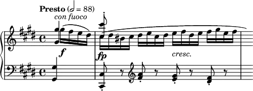 
\new PianoStaff <<
\new Staff = "Up" <<
\new Voice \relative c' {
\clef treble
\tempo "Presto" 2=88
\time 4/4
\partial 4
\key cis \minor
\stemUp
<gis' gis'>4^\markup{\italic con \italic fuoco} <cis cis'>8^. s s4 s16 s 
}
\new Voice \relative c' {
\stemDown
\once \override NoteColumn.force-hshift = #1.7
gis''16 \f (fis e dis) cis \fp (dis bis cis dis e cis dis e fis dis e fis gis e fis \once \hide r16)
}
>>
\new Staff = "Down" \relative c{
\clef bass
\time 4/4
\partial 4
\key cis \minor
\dynamicUp
<gis gis'>4 <cis, cis'>8-. r \clef treble <fis'' a>-. r <e gis>-.^\markup{\raise #2 \italic cresc.} r <dis fis>-. r s16
}
>>
