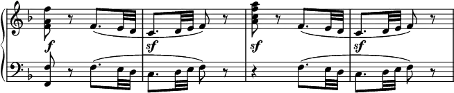 \relative c'' {
\new PianoStaff <<
\new Staff \with { \remove "Time_signature_engraver" } { \key f \major \time 4/4 \set Score.tempoHideNote = ##t \tempo "" 2=86
<f a, f>8 r f,8.( e32 d c8. d32 e f8) r <a' f c a> r f,8.( e32 d c8. d32 e f8) r
}
\new Dynamics {
s2-\f s\sf s\sf s\sf
}
\new Staff \with { \remove "Time_signature_engraver" } { \key f \major \time 2/4 \clef bass
<f, f,>8 r f8.( e32 d c8. d32 e f8) r r4 f8.( e32 d c8. d32 e f8) r
}
>>
}