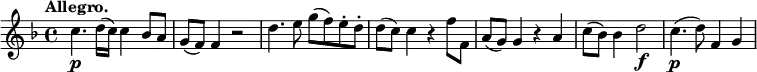 
\relative c'' { \set Score.tempoHideNote = ##t \tempo "Allegro." 4=140 \key f \major
 c4.\p d16 (c) c4 bes8 a g (f) f4 r2 d'4. e8 g (f) e-. d-. d (c) c4 r f8 f, a (g) g4 r a c8 (bes) bes4 d2\f c4.\p (d8) f,4 g
}
