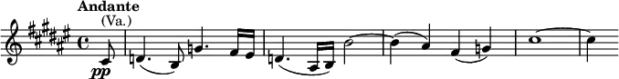 \relative c'{\key fis \major \time 4/4 \partial 8 \set Score.tempoHideNote = ##t \tempo "Andante" 4=60 cis8_\markup{\dynamic \center-align pp}^\markup{(Va.)} d4.( b8) g'4. fis16 eis d4.( ais16 b) b'2 ~ b4( ais) fis( g) cis1 ~ cis4}