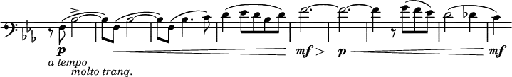 
\relative c \new Staff \with { \remove "Time_signature_engraver" } {
 \key es \major \time 3/4 \set Score.tempoHideNote = ##t \tempo "" 4=125 \clef bass
 r8_\markup { \italic { a tempo } } f\p ( bes2-> ~ _\markup { \italic { molto tranq. } } 
 bes8) f\< ( bes2~ bes8) f( bes4. c8) d4( es8 d bes d) f2.\mf \> ~ f\p \< ~
 f4 r8 g( f es) d2( des4 c\mf )
}
