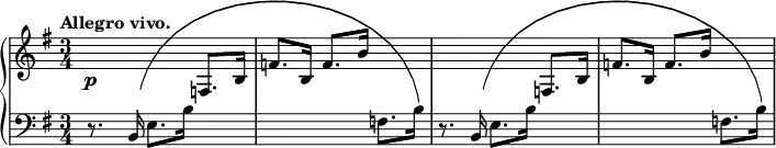 
\relative c {
  \new PianoStaff <<
   \new Staff = "R" { \key e \minor \time 3/4 \set Score.tempoHideNote = ##t \tempo "Allegro vivo." 2=60
    \change Staff = "L" d8.\rest b16\( e8. b'16 \change Staff = "R" f8. b16
    f'8. b,16 f'8. b16 \change Staff = "L" f,8. b16\)
    d,8.\rest b16\( e8. b'16 \change Staff = "R" f8. b16
    f'8. b,16 f'8. b16 \change Staff = "L" f,8. b16\)
   }
   \new Dynamics {
    s8-\p
   }
   \new Staff = "L" { \key e \minor \time 3/4 \clef bass
    s2. s s s
   }
  >>
 }
