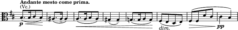 
\relative c' \new Staff \with { \remove "Time_signature_engraver" } {
 \key b \minor \set Score.tempoHideNote = ##t \tempo "Andante mesto come prima." 4=66 \clef alto \time 2/4
  b8.^\markup (Vc.) \p \< [ ( b16 cis8 b\! ) ] ais8.( ais16-- ais4) a8.\< [ ( a16 b8 a) ] gis4--( gis--)
  g!8.[ ( g16 a8 g\! ) ] fis\dim [ ( e\! d e) ] fis\> ( [ fis d' cis] cis4\pp b)
}

