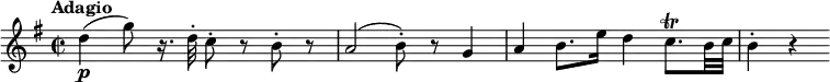 \version "2.18.2"
\relative c'' {
\key g \major
\time 2/2
\tempo "Adagio "
\tempo 4 = 52
d4 \p (g8) r16. d32-. c8-. r b-. r
a2 (b8-.) r g4
a b8. e16 d4 c8. \trill b32 c
b4-. r
}