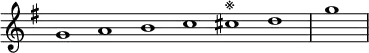 \relative c'' {
\new Staff \with { \remove "Time_signature_engraver" }
{ \key g \major \time 1/1 \cadenzaOn g1 a b c cis^\markup{※} d \bar "|" g \bar"|"}
}