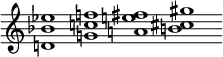 \relative c' {\clef treble \omit Staff.TimeSignature \cadenzaOn <d! bes' es>1 <g! c! f!> <a! e'! fis> <b! cis gis'>}